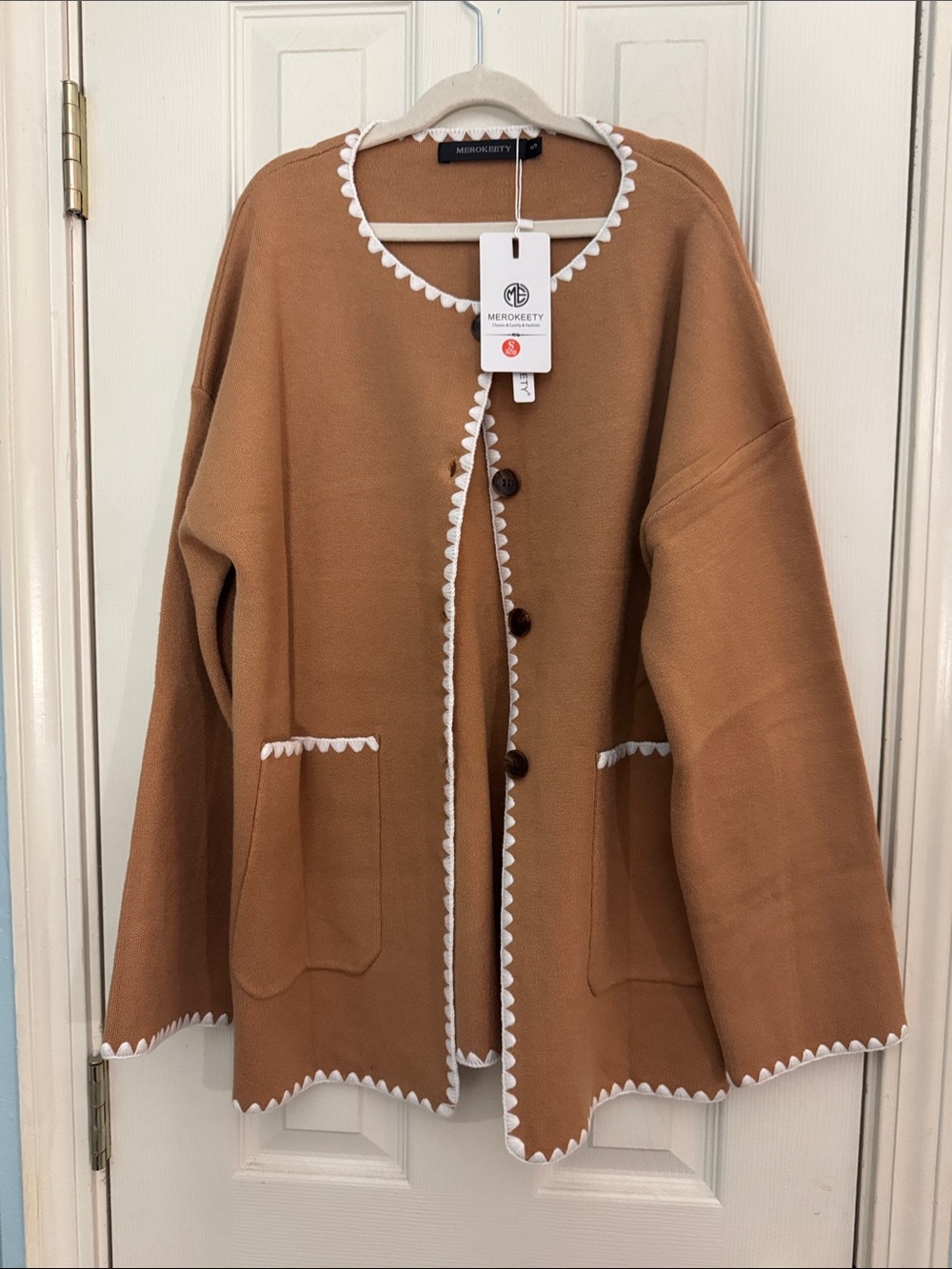 Meriécozy Camel Scallop-Trim Cardigan by Merokeety